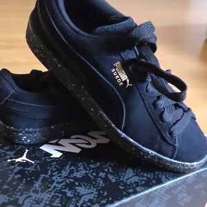 Puma Kids Black Suede Sneakers with Gold Accents